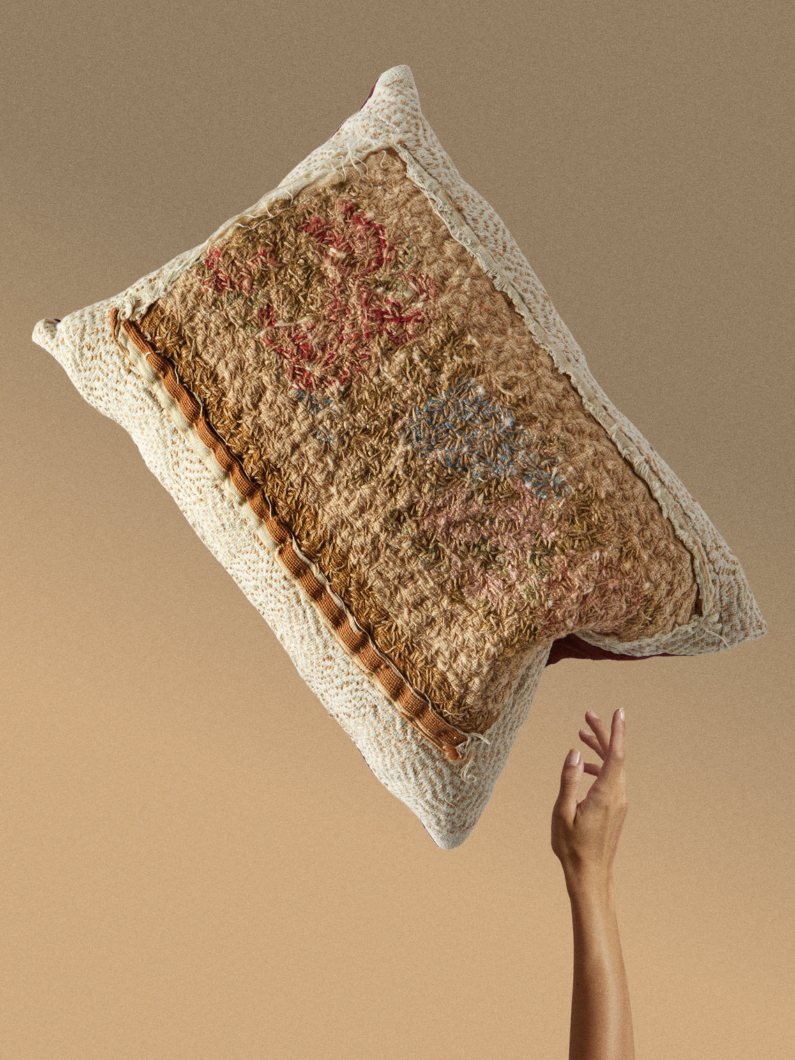 By Walid - 19th-Century Needlepoint Wool, Linen and Damask Cushion (17.5in/45cm) - Multiple - ABASK