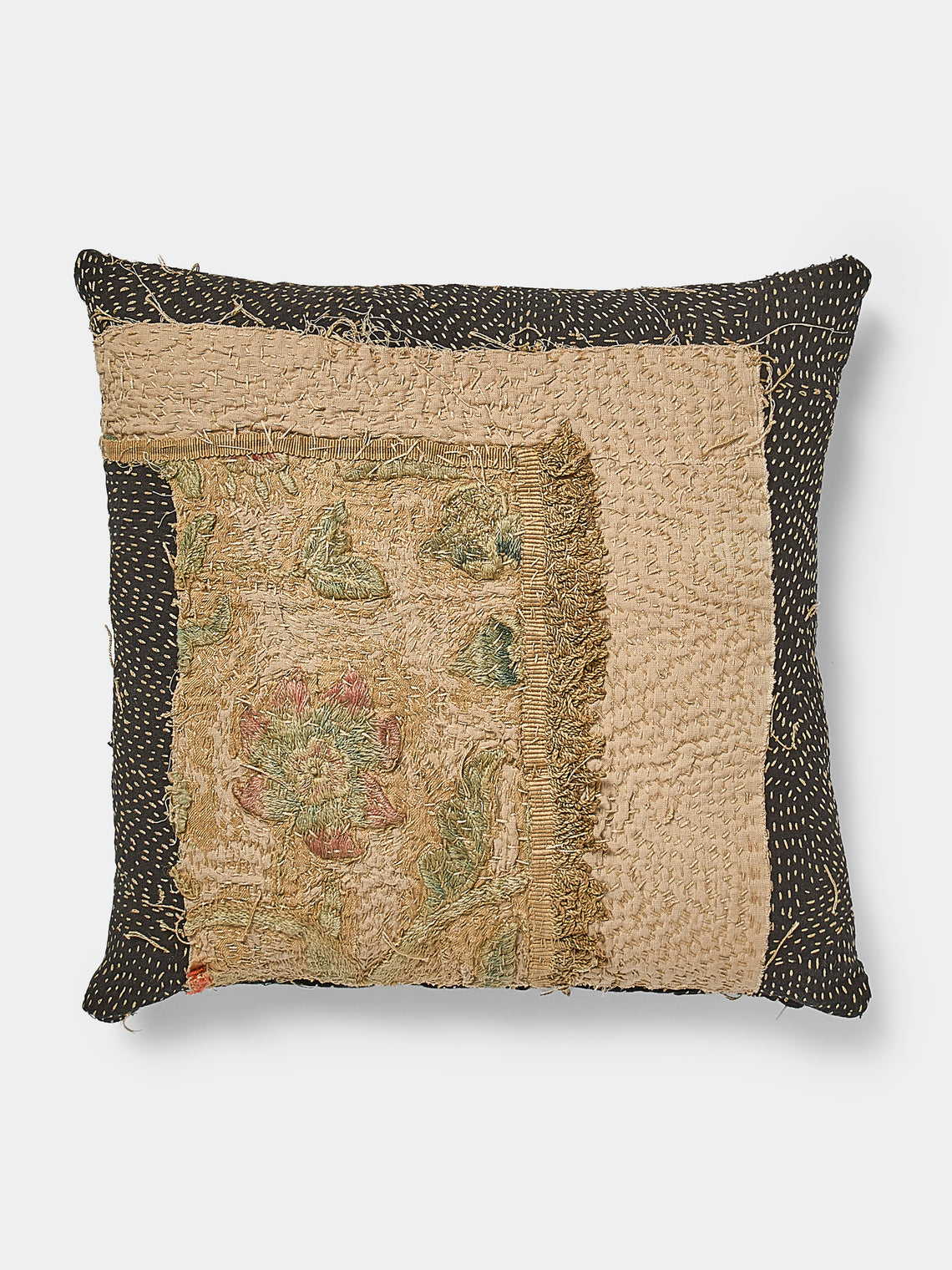By Walid - 18th-Century English Embroidered Patchwork Wool and Cotton Cushion - Multiple - ABASK - 