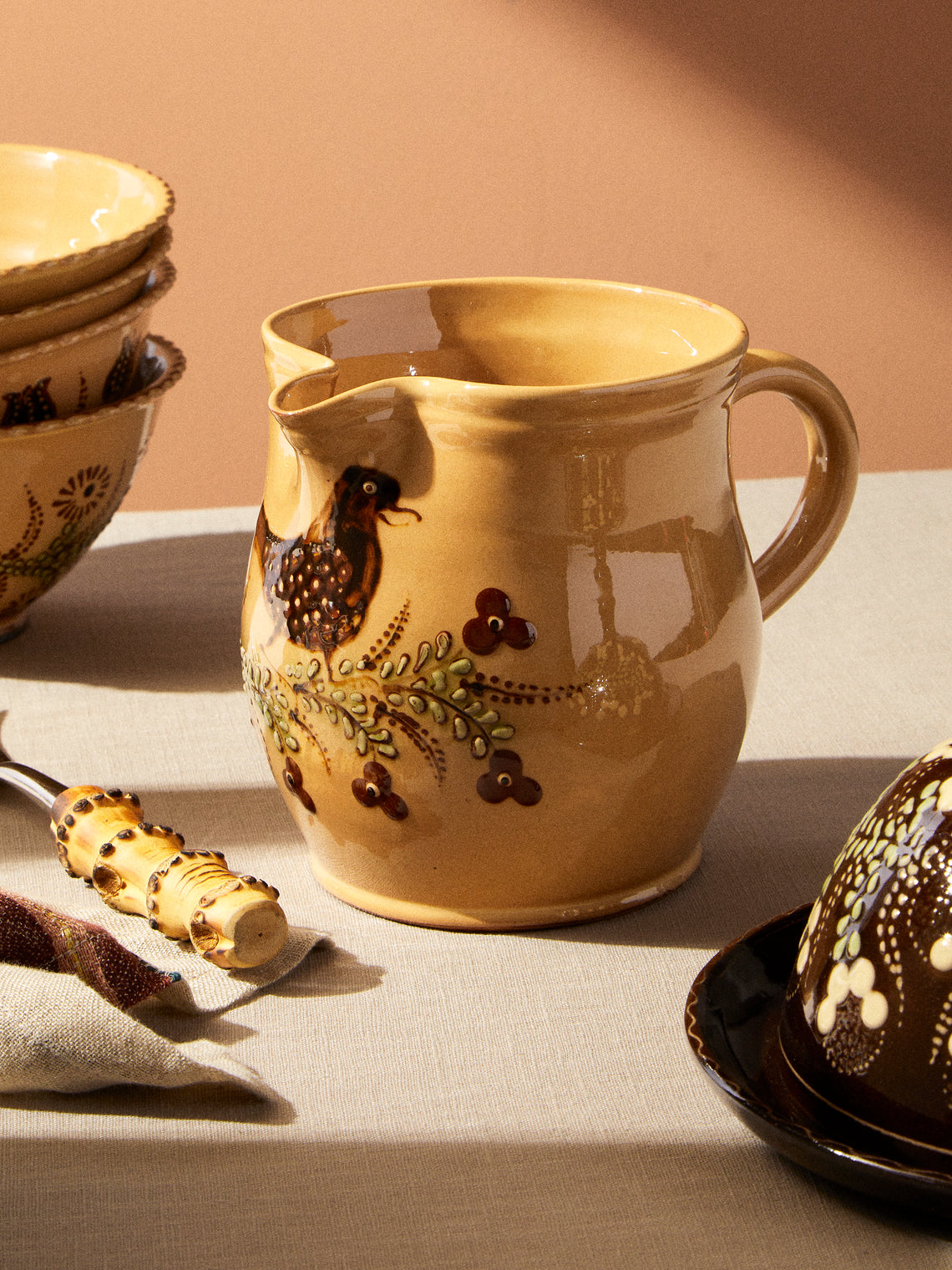 Poterie d’Évires - Birds Hand-Painted Ceramic Medium Jug - Cream - ABASK