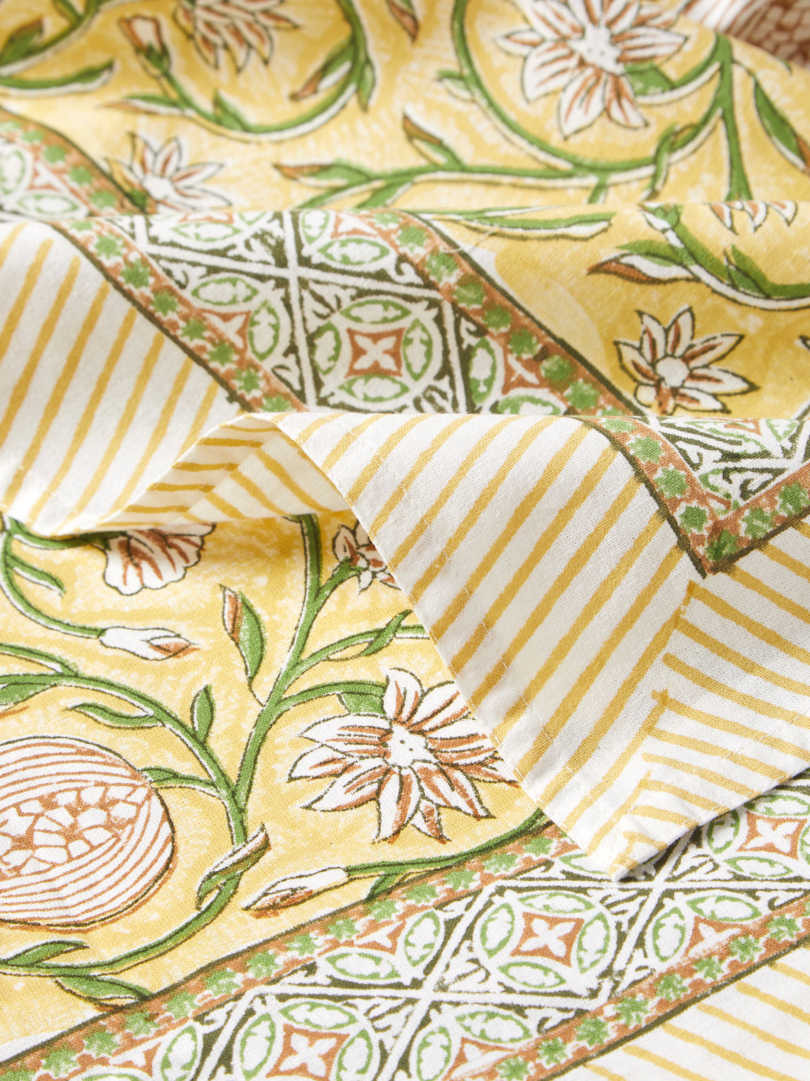 Chamois - Tangier Pomegranate Block-Printed Cotton Rectangular Tablecloth (106.5in/2.7m) - Yellow - ABASK