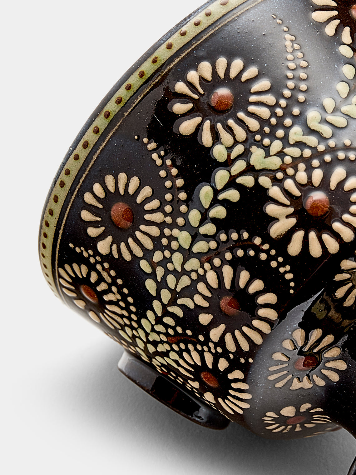 Poterie d’Évires - Flowers Hand-Painted Ceramic Small Raised Bowl - Dark brown - ABASK