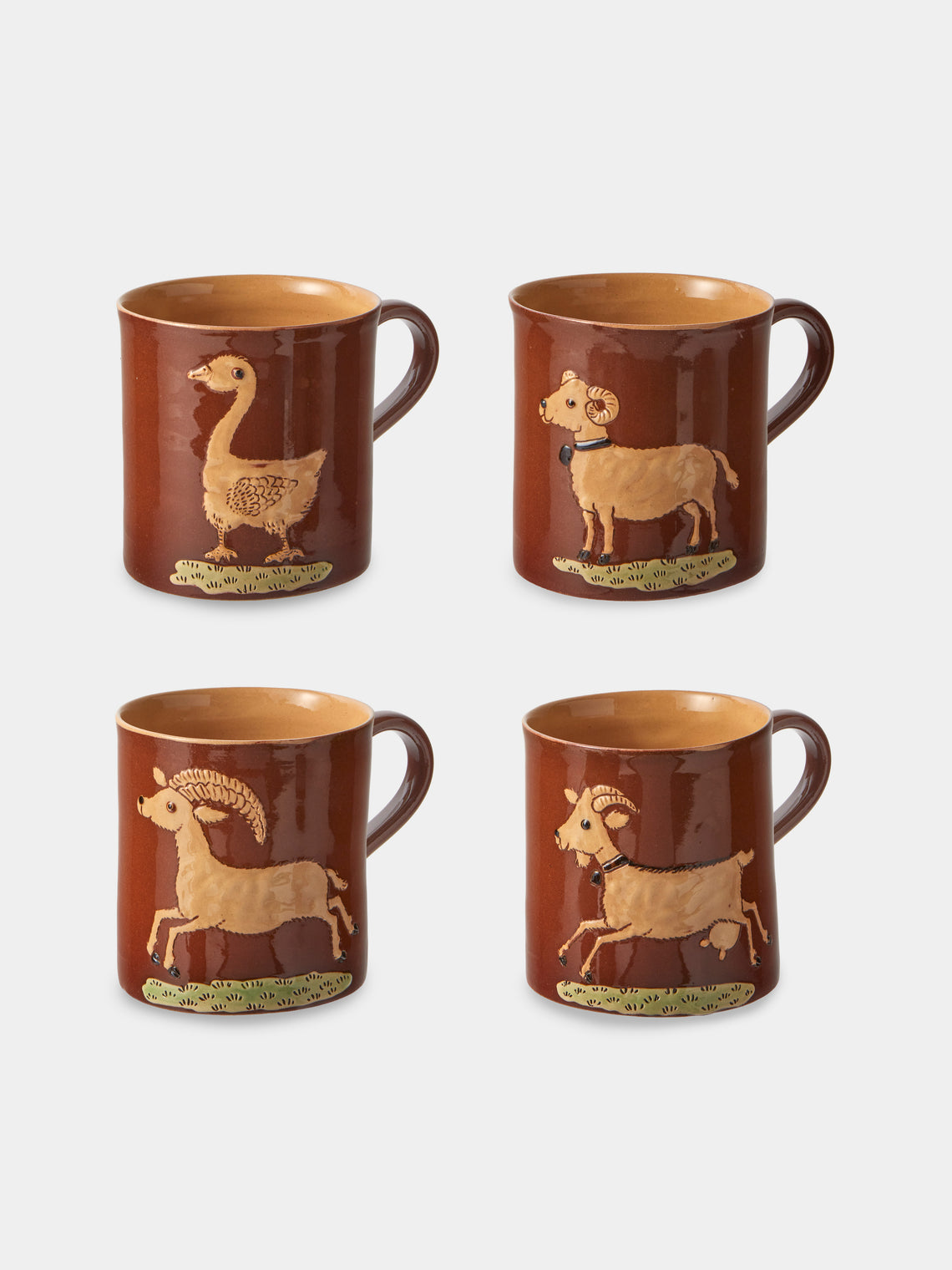 Poterie d’Évires - Animals Hand-Painted Ceramic Mugs (Set of 4) - Light Brown - ABASK - 