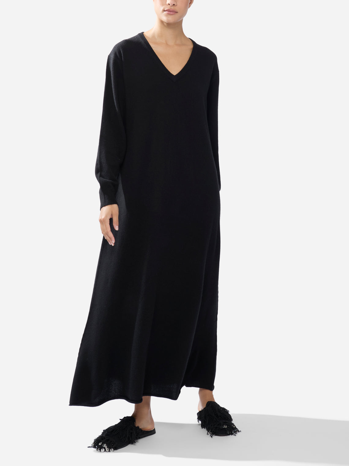 Ryan Roche - Women's Cashmere V-Neck Long Dress - Black - ABASK