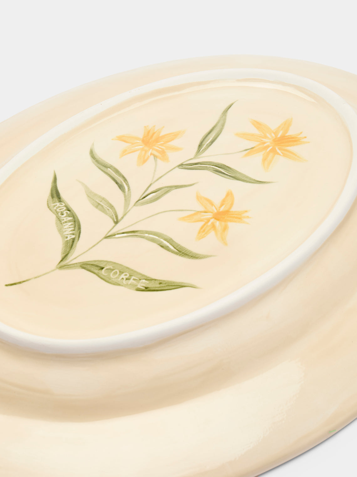 Rosanna Corfe - Doves and Daffodils Hand-Painted Ceramic Oval Platter - Cream - ABASK