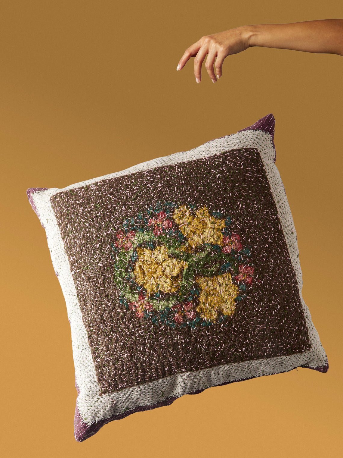 By Walid - 1920s Needlepoint Wool, Linen and Damask Cushion (23.5in/60cm) - Multiple - ABASK