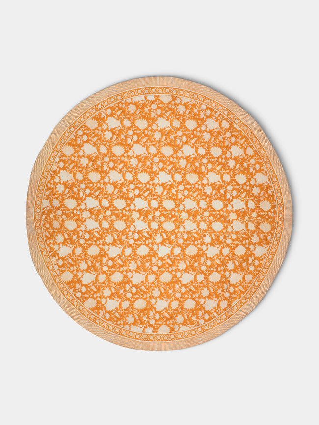Chamois - Indian Rose Block-Printed Cotton Round Tablecloth - Orange - ABASK - 