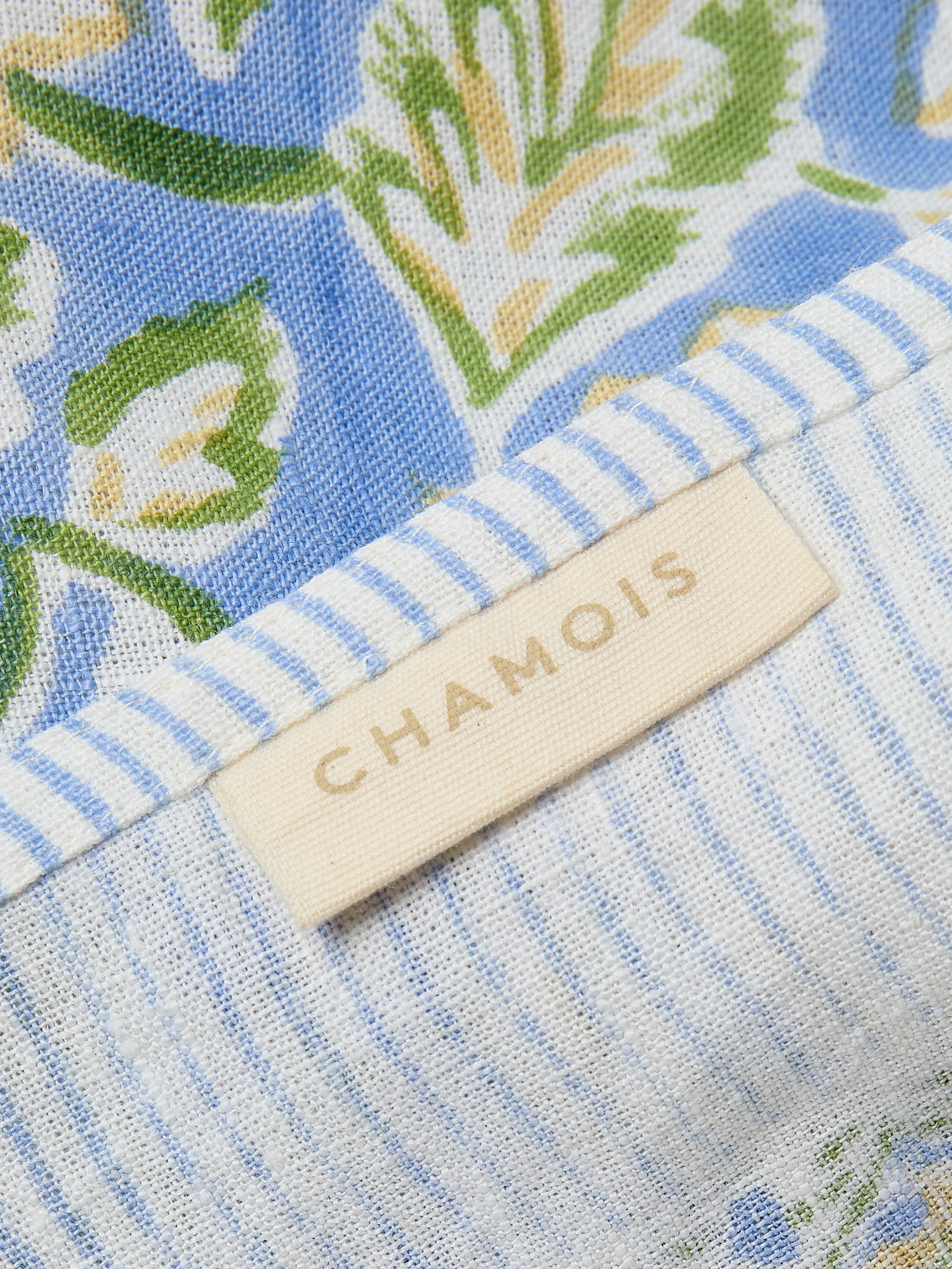 Chamois - Dahlia Block-Printed Linen Rectangular Tablecloth (106.5in/2.7m) - Blue - ABASK