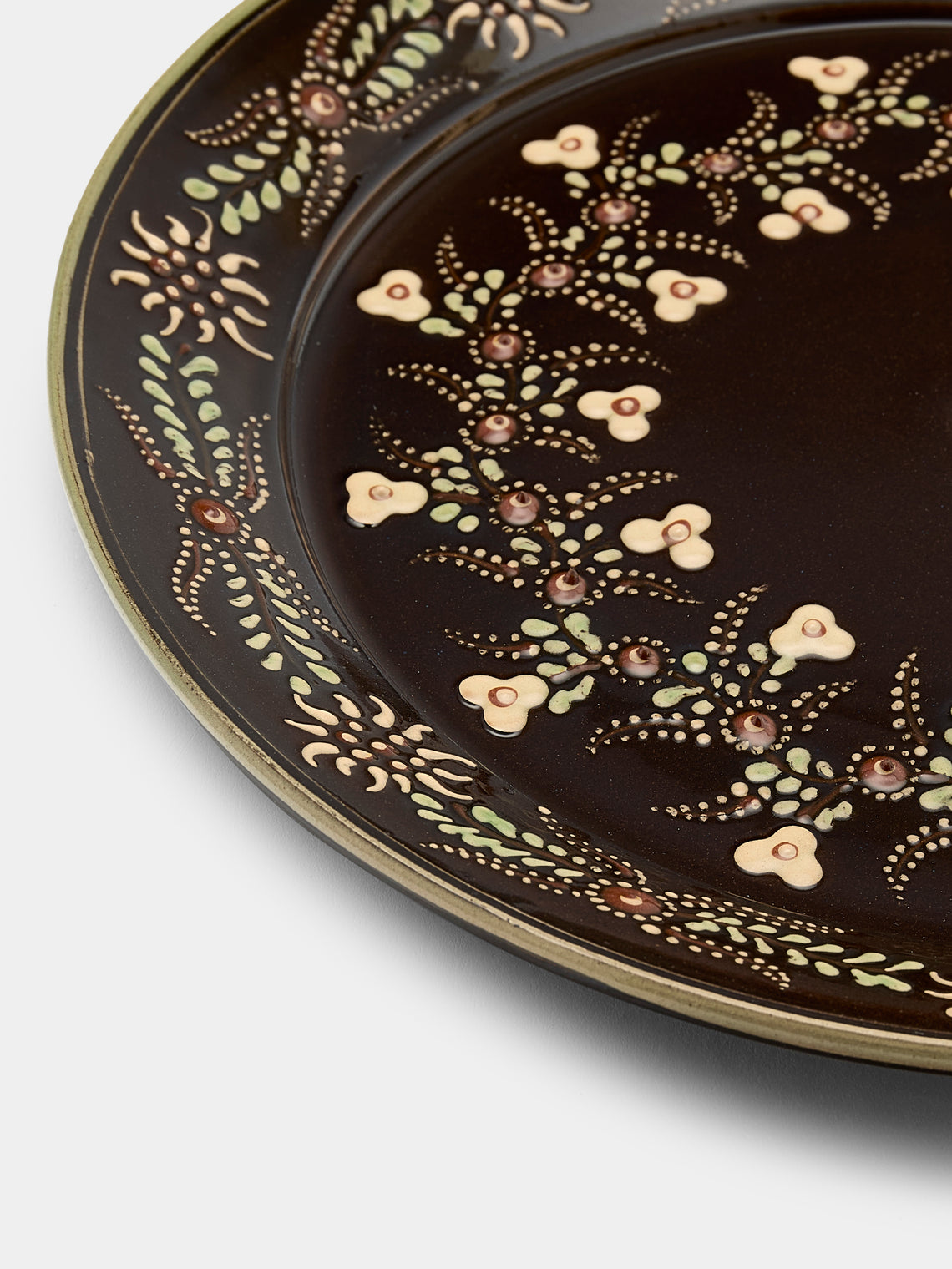 Poterie d’Évires - Flowers Hand-Painted Ceramic Round Platter - Dark brown - ABASK