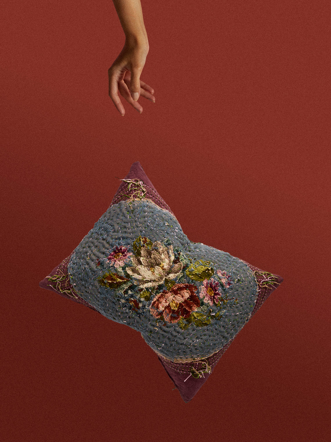 By Walid - 19th-Century Needlepoint Wool and Damask Cushion (19.5in/50cm) - Multiple - ABASK
