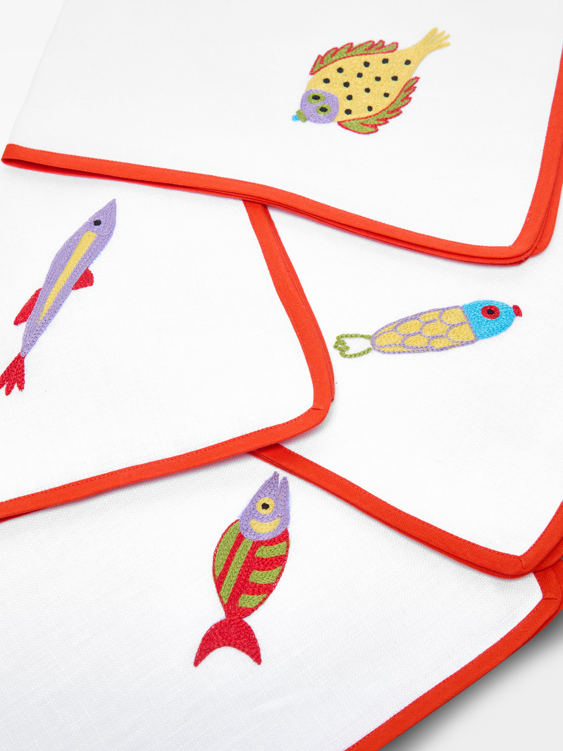 Loretta Caponi - Mendini Fish Hand-Embroidered Linen Napkins (Set of 6) -  - ABASK