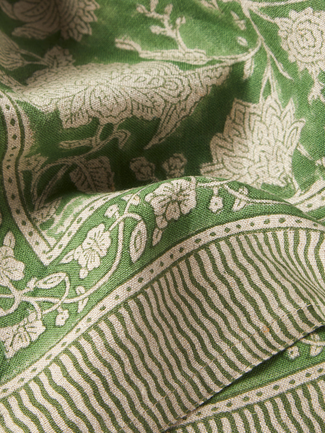 Chamois - Parrot Block-Printed Linen Rectangular Tablecloth (138in/3.5m) - Green - ABASK