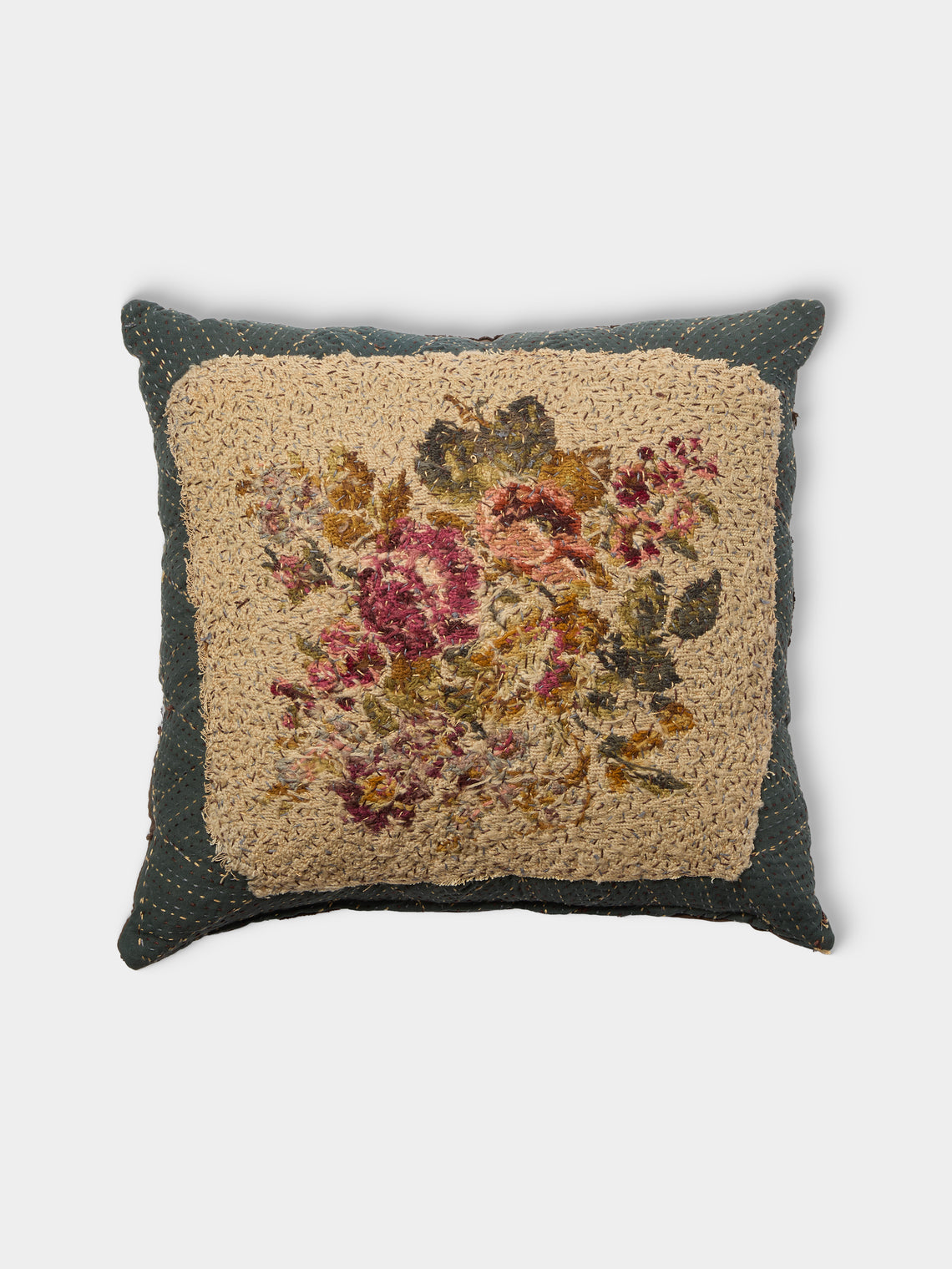 By Walid - 19th-Century Victorian Needlepoint Patchwork Wool and Cotton Cushion (19.5in/50cm) - Multiple - ABASK - 