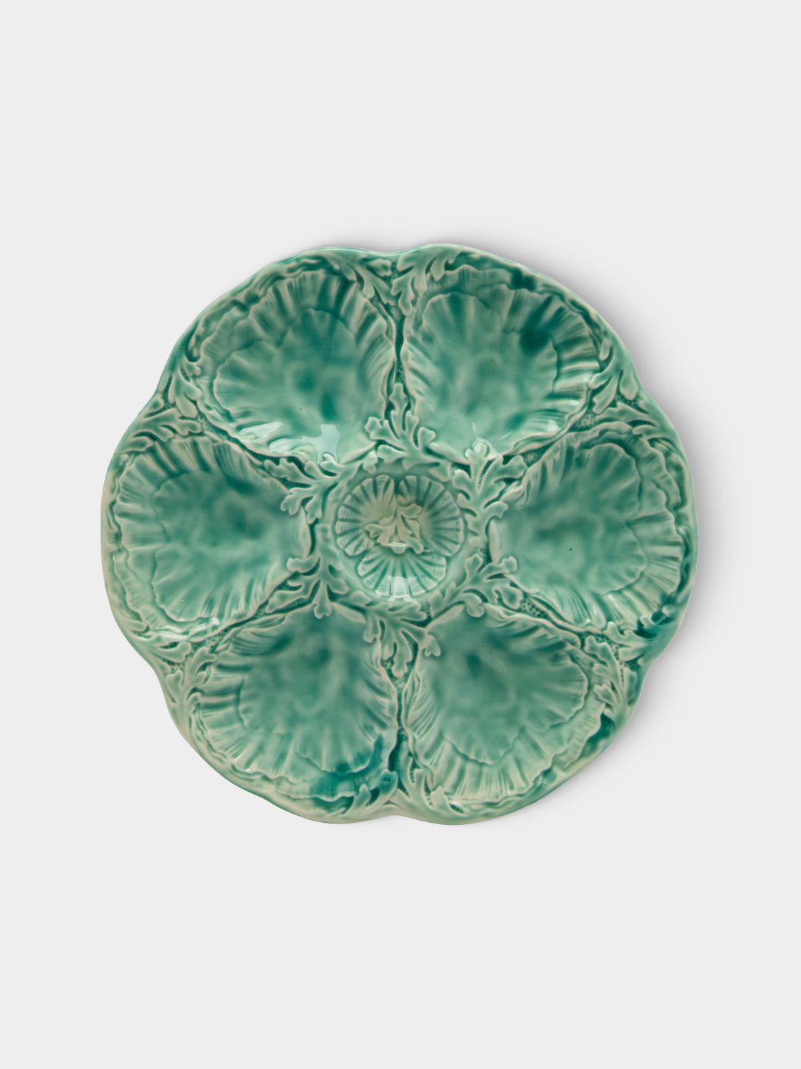 Antique and Vintage - Mid-Century Cabbage Majolica Ceramic Oyster Plates – 9.5in/24cm (Set of 10) - Green - ABASK
