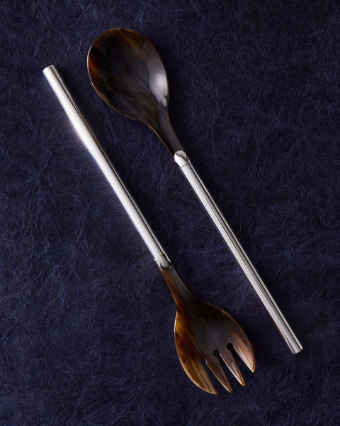 San Lorenzo - 1979 Afra and Tobia Scarpa Sterling Silver and Horn Salad Servers (Set of 2) - Silver - ABASK