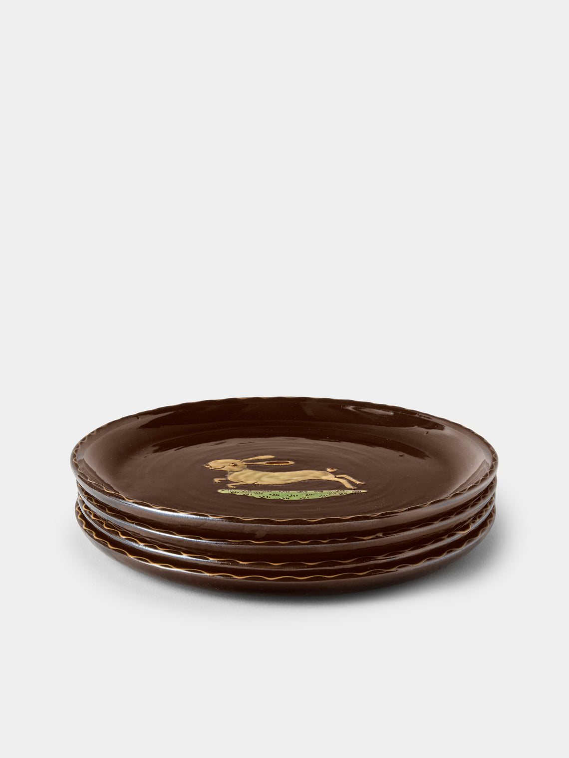 Poterie d’Évires - Animals Hand-Painted Ceramic Dinner Plates – 9.5in/24cm (Set of 4) - Dark Brown - ABASK