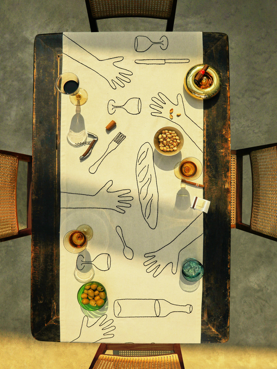 Oeuvres Sensibles - 'A Lot of Hands' Hand-Embroidered Linen Table Runner -  - ABASK