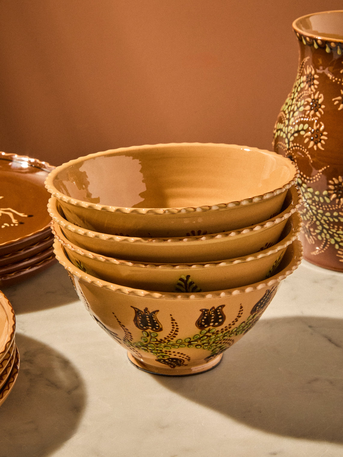Poterie d’Évires - Flowers Hand-Painted Ceramic Fluted Bowls (Set of 4) - Cream - ABASK