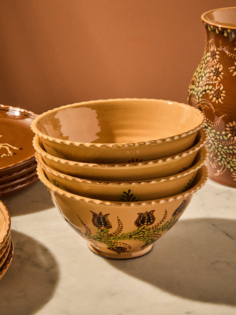 Poterie d’Évires - Flowers Hand-Painted Ceramic Fluted Bowls (Set of 4) - Cream - ABASK