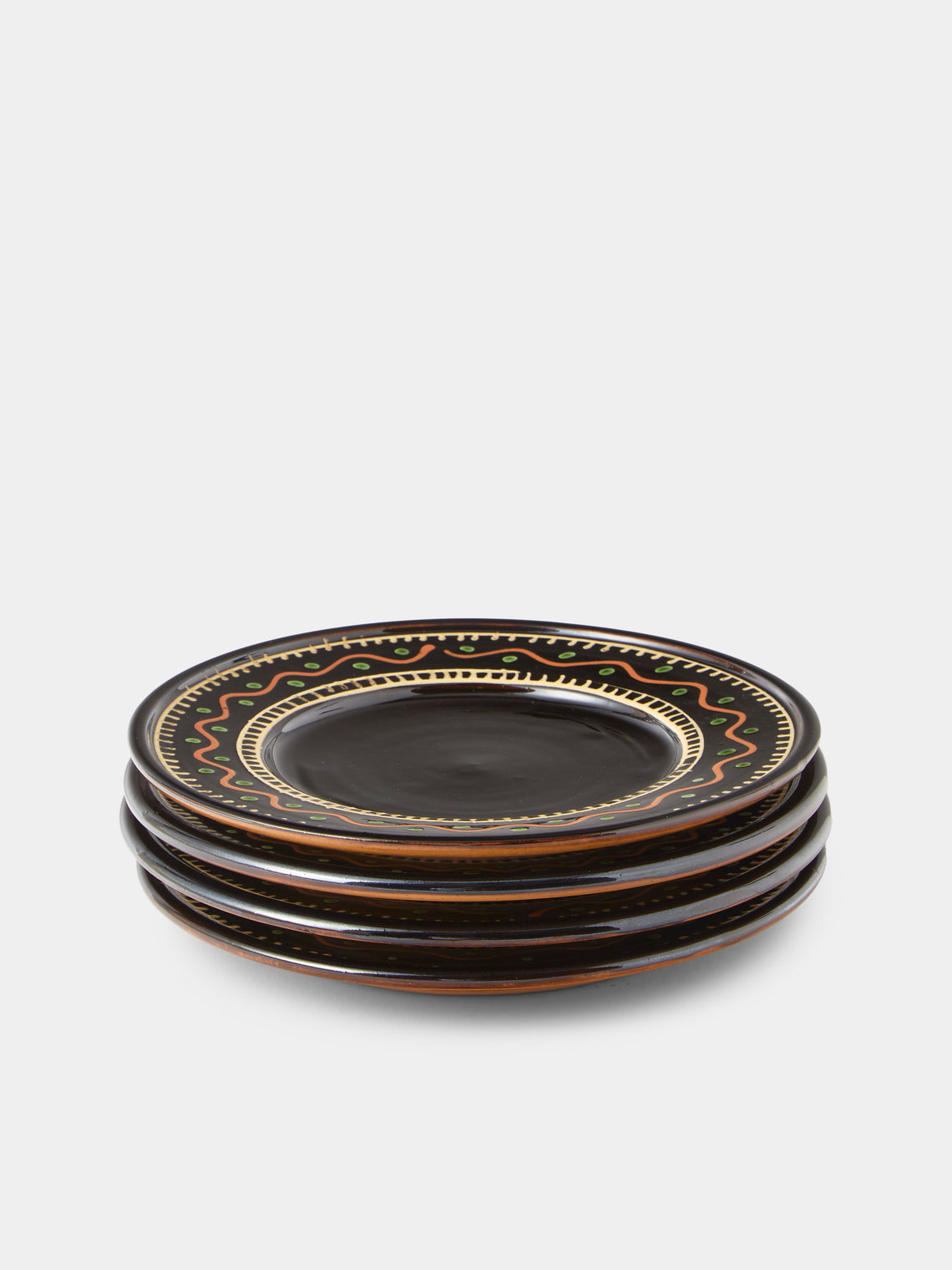 Poterie de Cliousclat - Hand-Painted Slipware Salad / Dessert Plates – 8in/21.5cm (Set of 4) - Black - ABASK