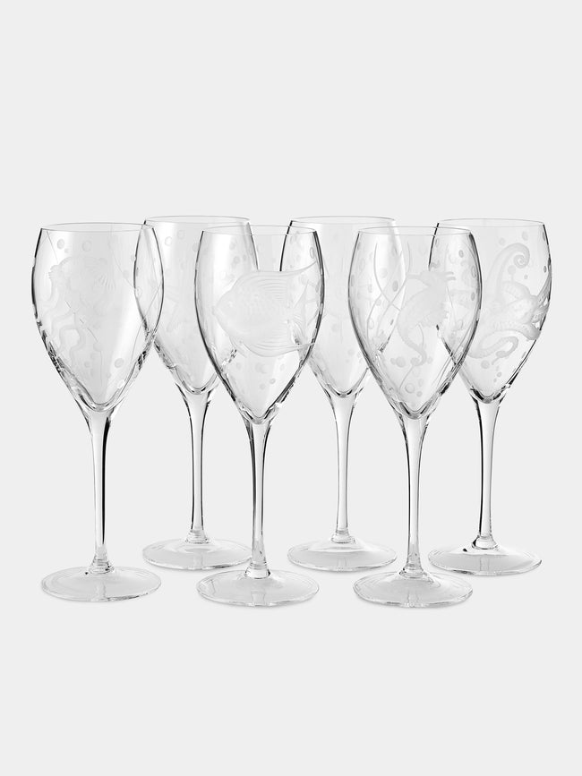 Artel - Sea Life Hand-Engraved Crystal Wine Glasses (Set of 6) - Clear - ABASK - 