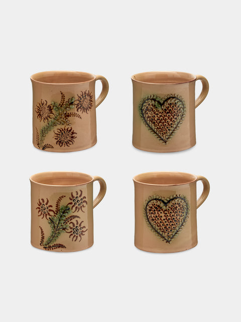 Poterie d’Évires - Flowers and Hearts Hand-Painted Ceramic Mugs (Set of 4) - Cream - ABASK - 