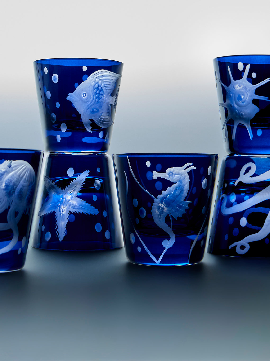 Artel - Sea Life Hand-Engraved Crystal Shot Glasses (Set of 6) - Blue - ABASK