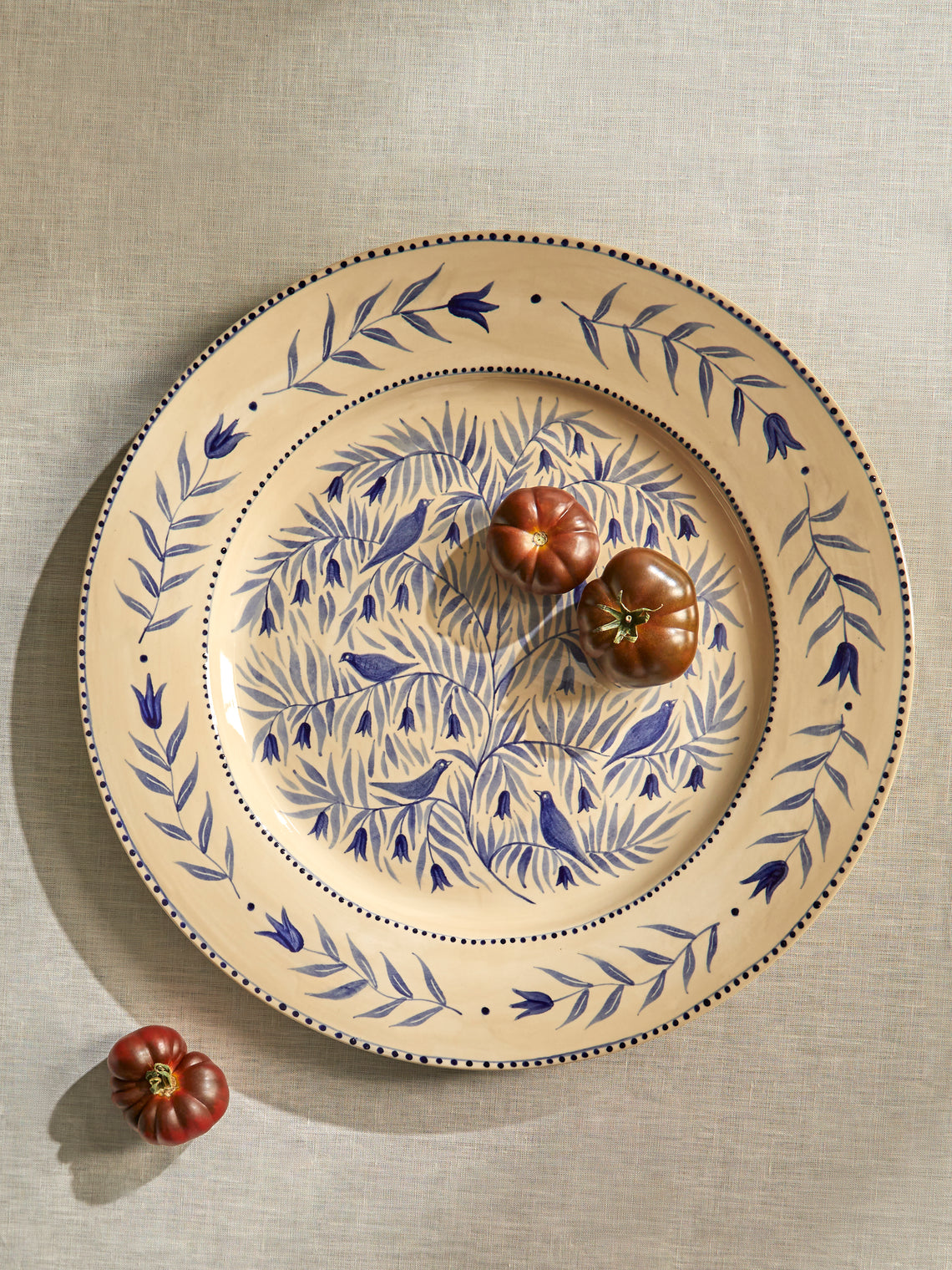 Rosanna Corfe - Birds and Bluebells Hand-Painted Ceramic Round Platter - Cream - ABASK