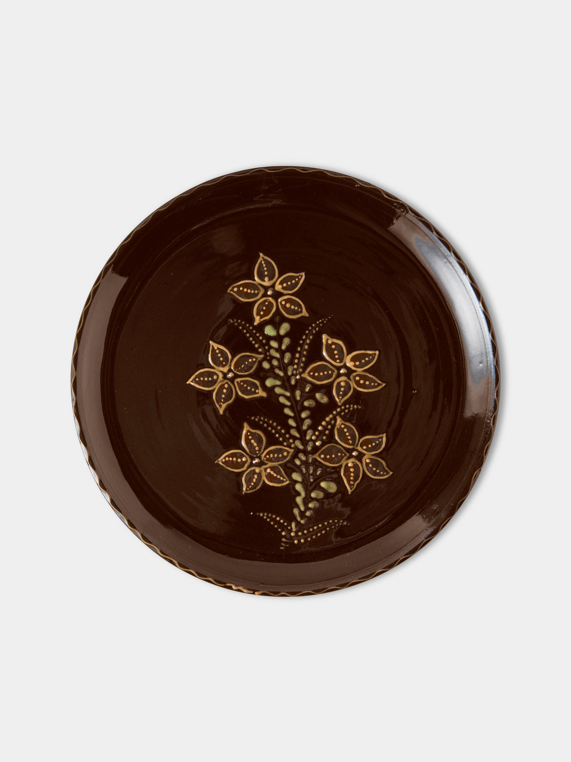 Poterie d’Évires - Flowers Hand-Painted Ceramic Dinner Plates – 9.5in/24cm (Set of 4) - Dark Brown - ABASK