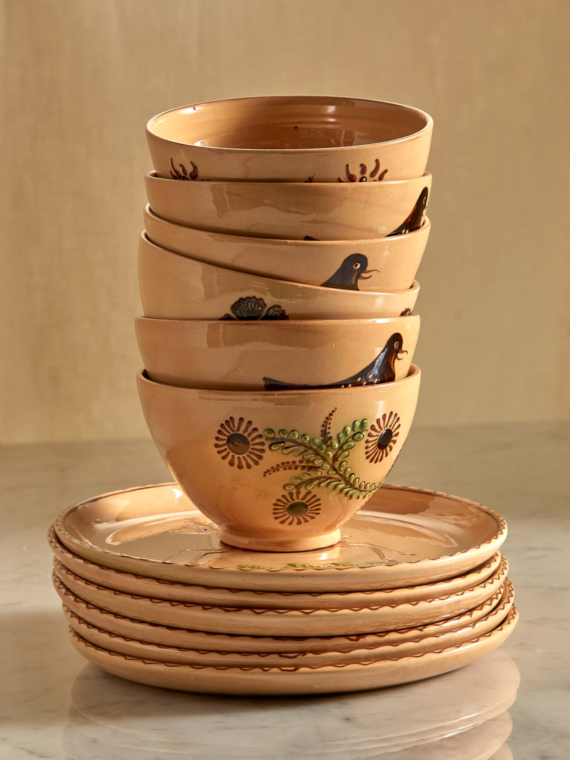 Poterie d’Évires - Flowers and Birds Hand-Painted Ceramic Bowls (Set of 6) - Cream - ABASK