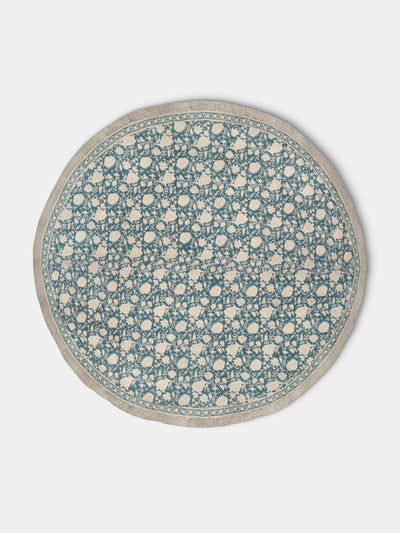 Chamois - Indian Rose Block-Printed Linen Round Tablecloth - Blue - ABASK - 