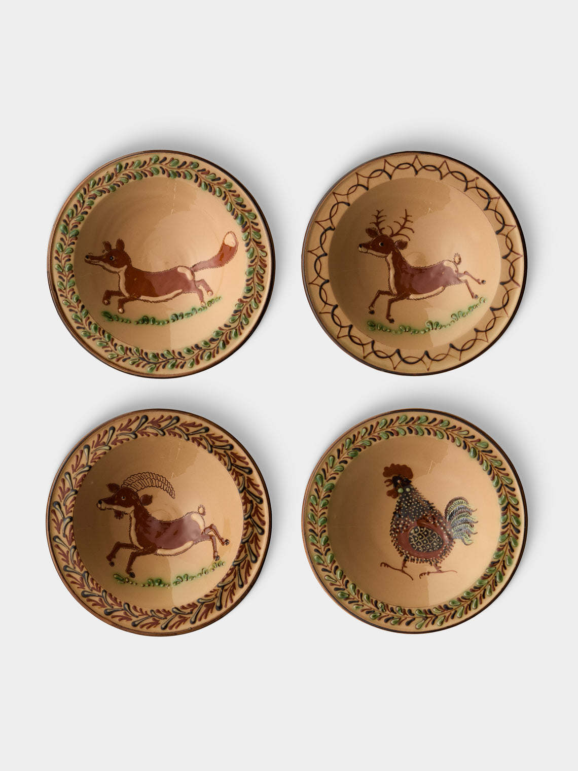 Poterie d’Évires - Animals Hand-Painted Ceramic Breakfast Bowls (Set of 4) - Cream - ABASK - 