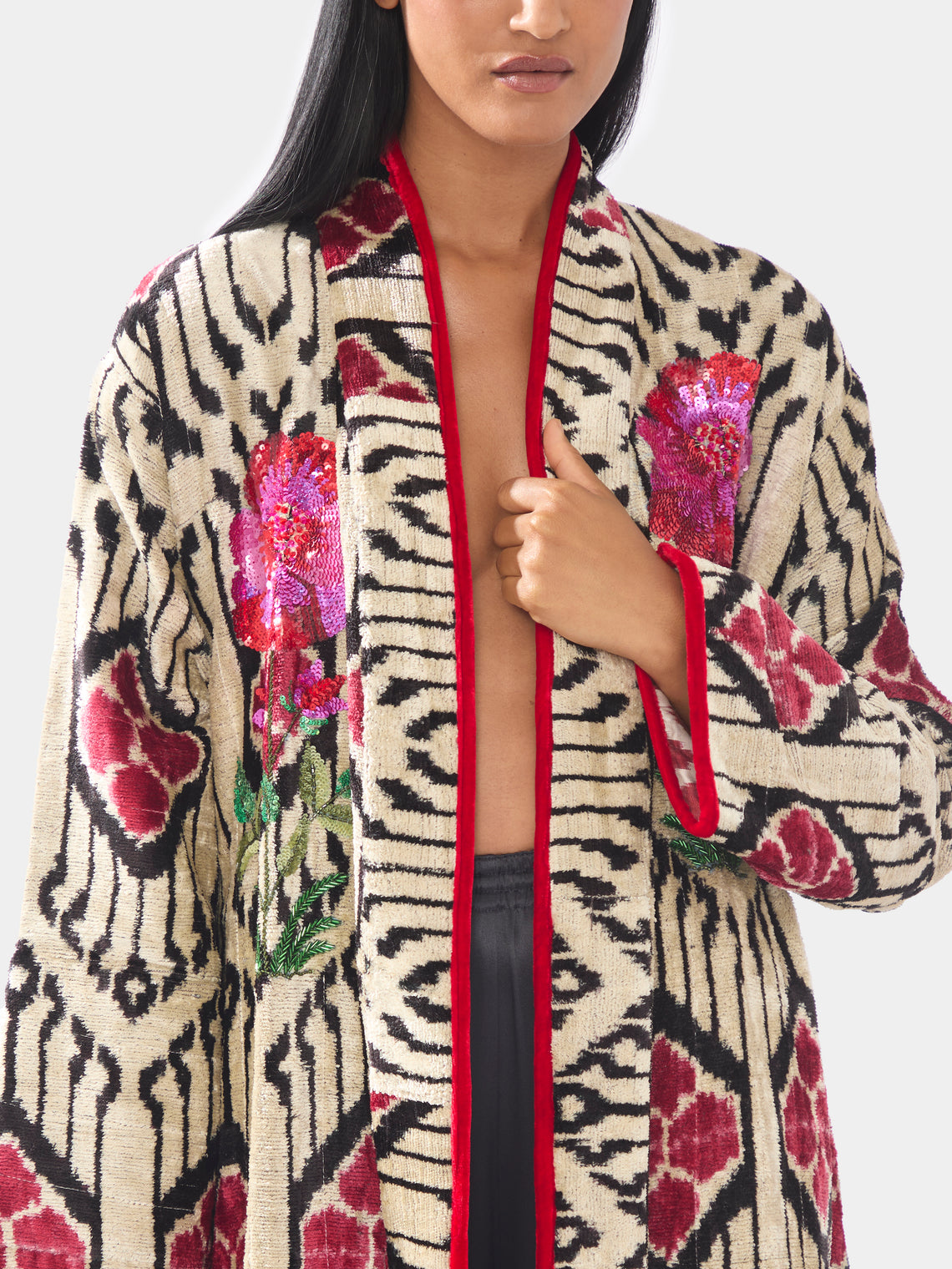 Women's Hand-Loomed Ikat Velvet Reversible Robe  | One Size