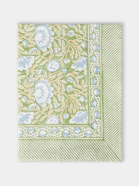 Chamois - The Garden of Mathilde Block-Printed Cotton Rectangular Tablecloth (90.5in/2.3m) - Green - ABASK - 