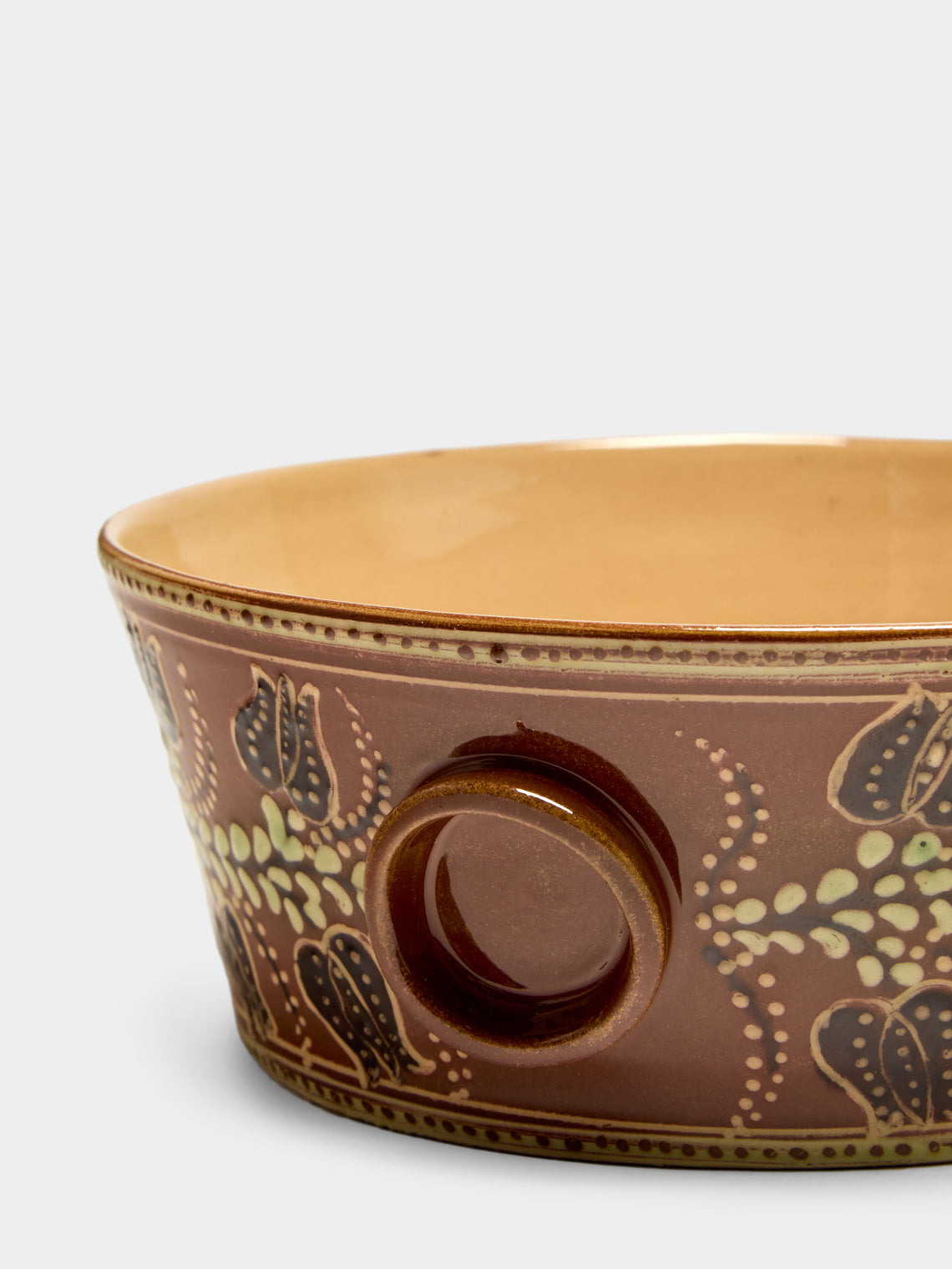 Poterie d’Évires - Flowers Hand-Painted Ceramic Small Handled Serving Bowl - Light brown - ABASK