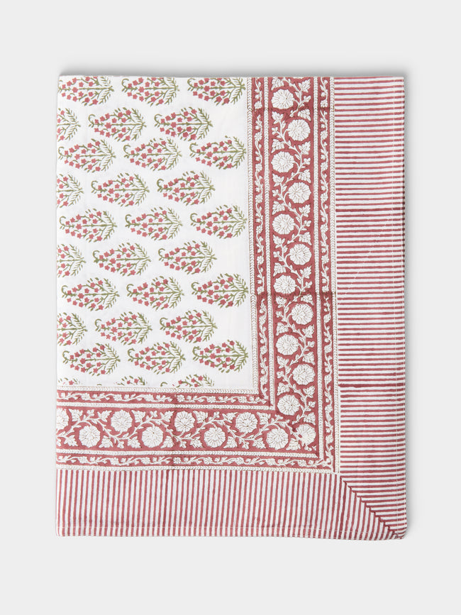 Chamois - Persian Paisley Block-Printed Cotton Round Tablecloth (86.5in/2.2m) - Red - ABASK - 