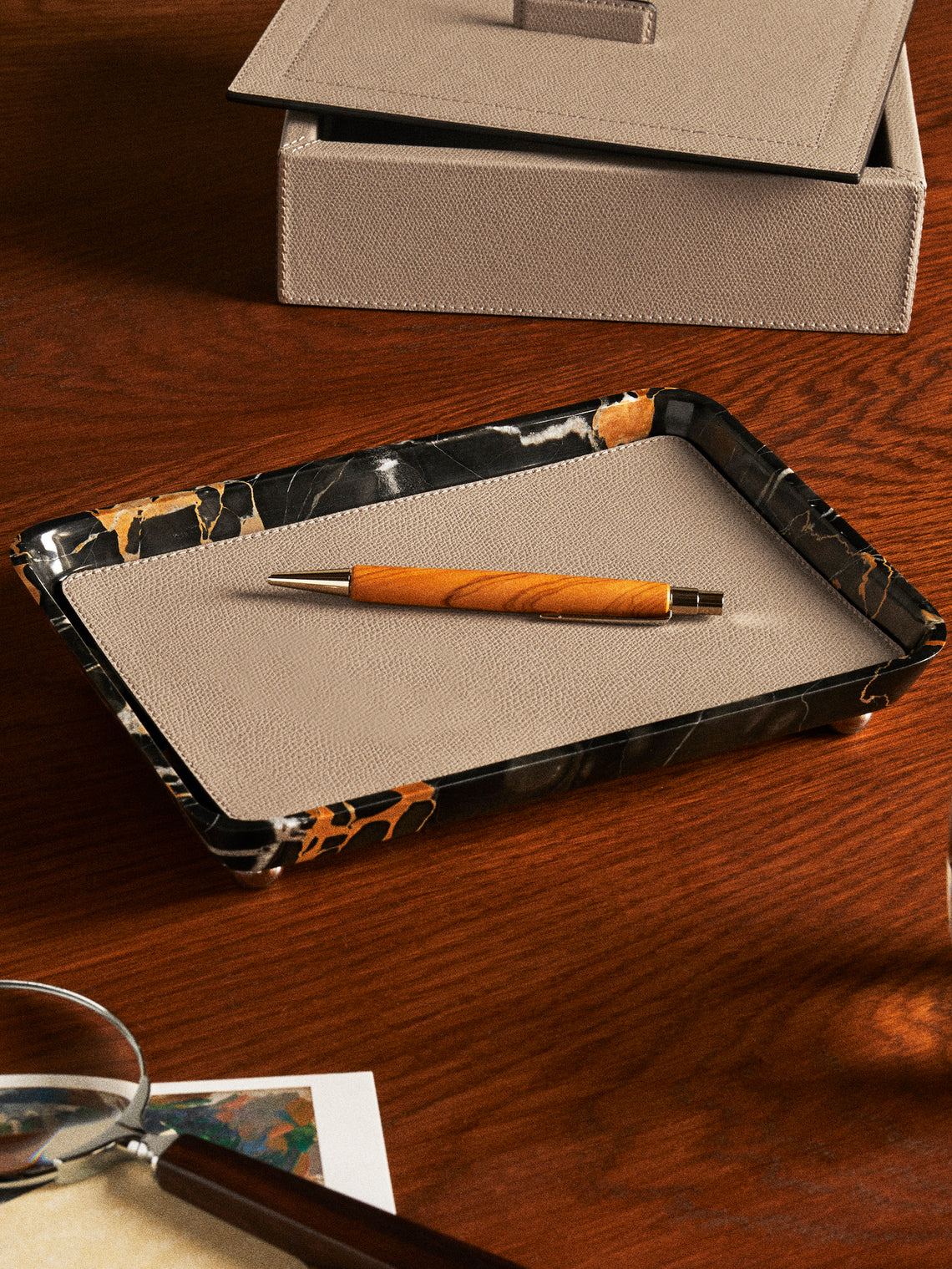 Giobagnara - Monza Leather and Marble Valet Tray (10in/25cm) - Beige - ABASK