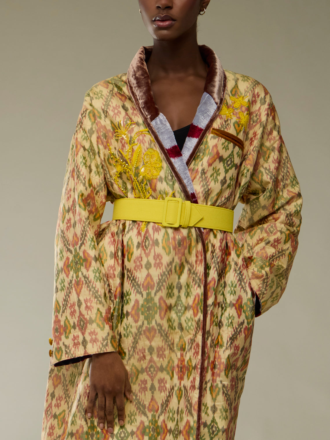 Nazzy Beglari - Hand-Loomed Ikat Silk and Cotton Reversible Robe | One Size - Yellow - ABASK