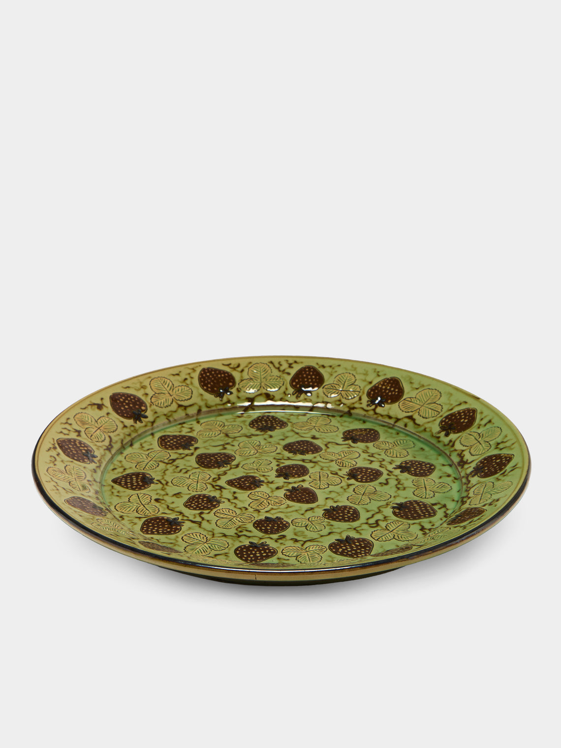 Poterie d’Évires - Strawberries Hand-Painted Ceramic Round Platter - Green - ABASK