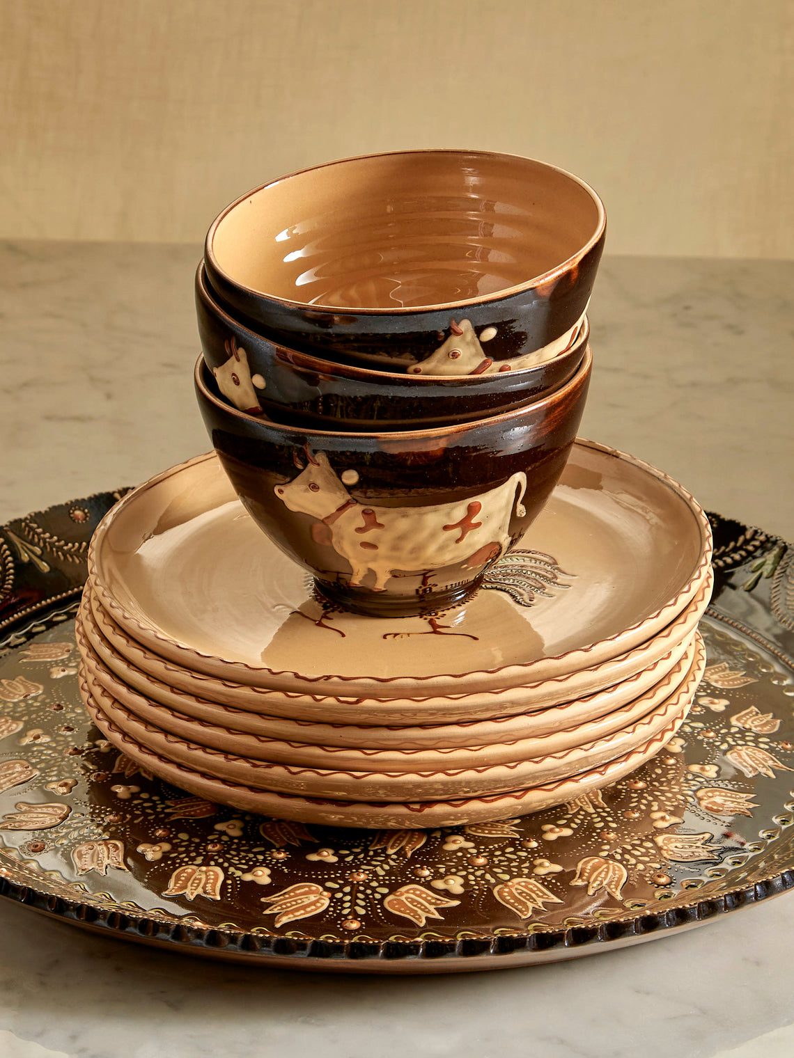 Poterie d’Évires - Cows Hand-Painted Ceramic Bowls (Set of 3) - Dark brown - ABASK