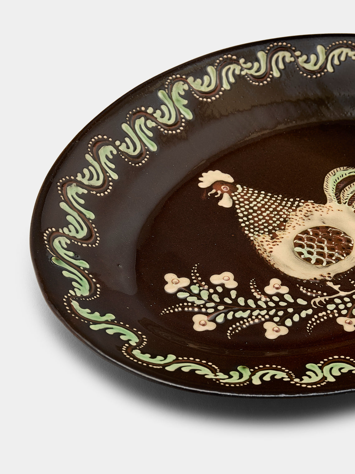 Poterie d’Évires - Chickens Hand-Painted Ceramic Oval Platter - Dark brown - ABASK