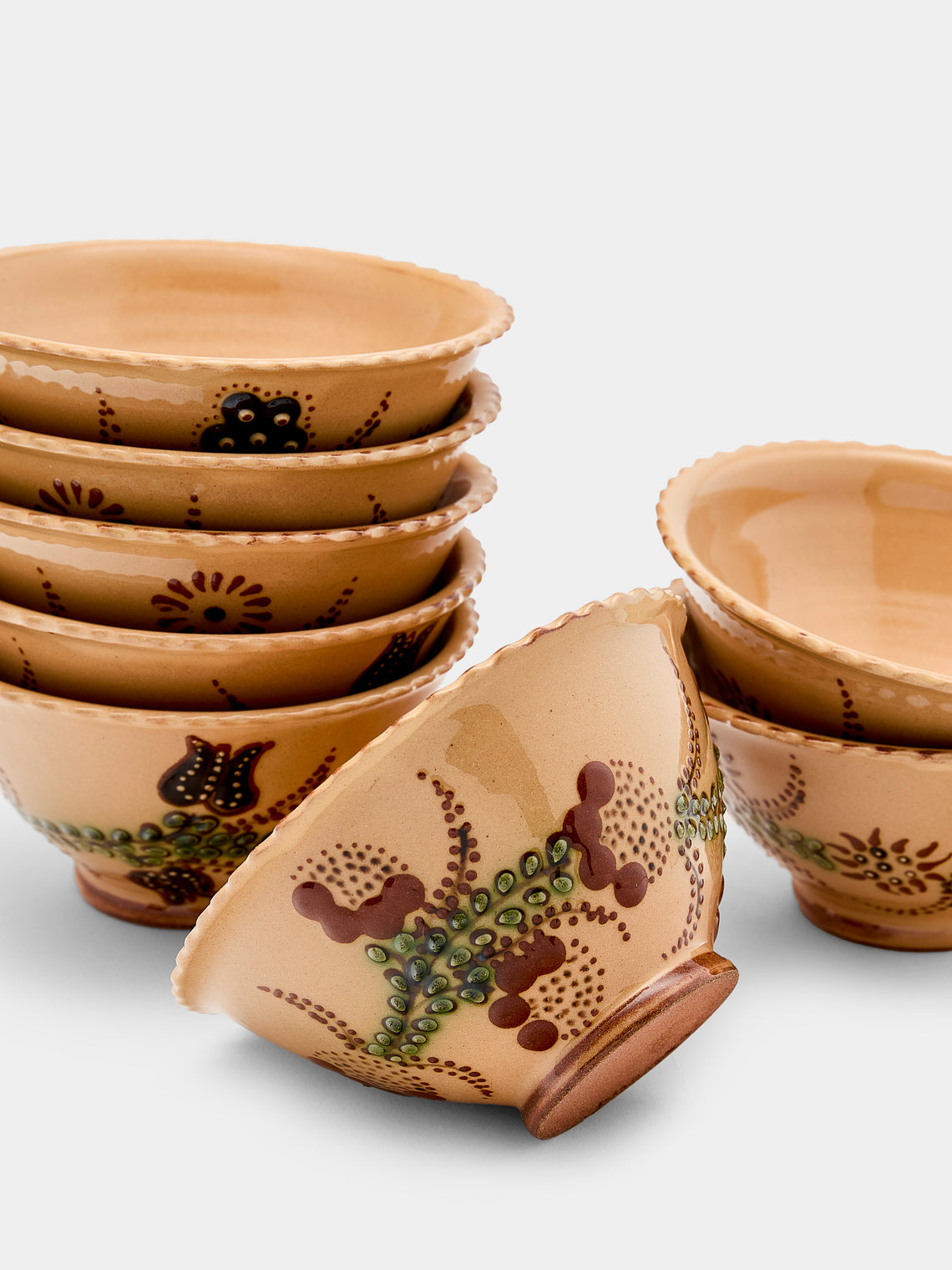 Poterie d’Évires - Flowers Hand-Painted Ceramic Small Fluted Bowls (Set of 8) - Cream - ABASK