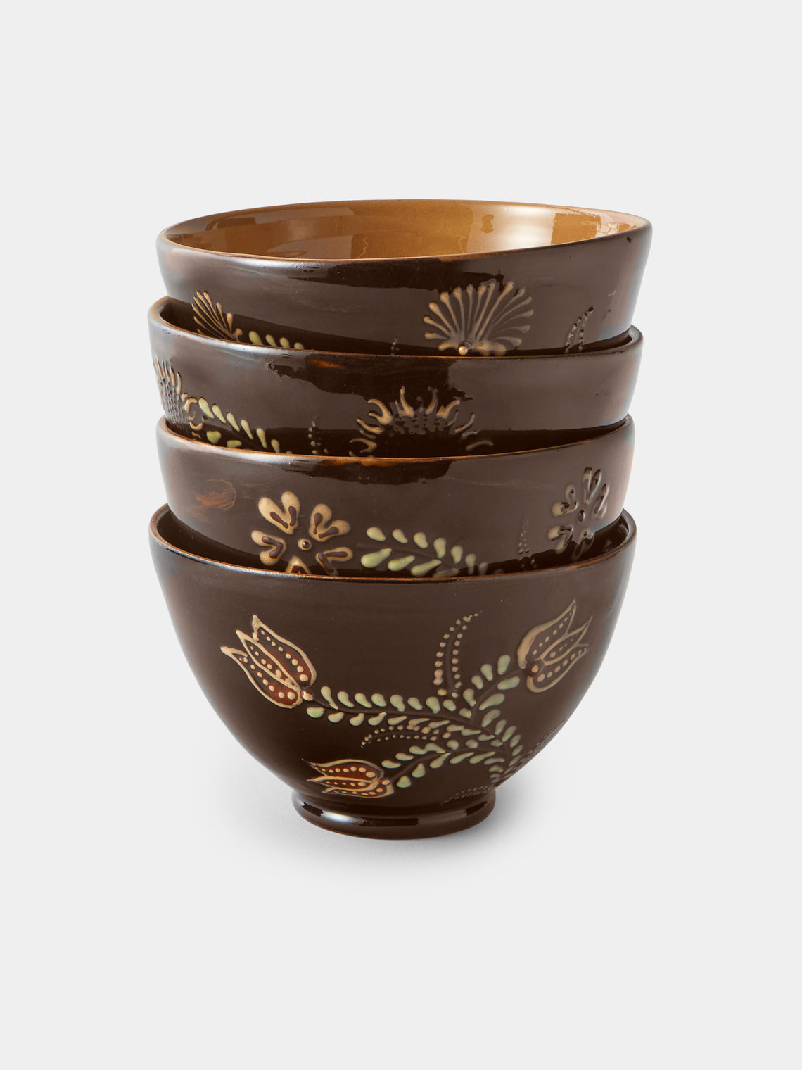 Poterie d’Évires - Flowers Hand-Painted Ceramic Grand Bowls (Set of 4) - Dark Brown - ABASK - 