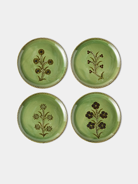 Poterie d’Évires - Flowers Hand-Painted Ceramic Dinner Plates – 9.5in/24cm (Set of 4) - Green - ABASK - 