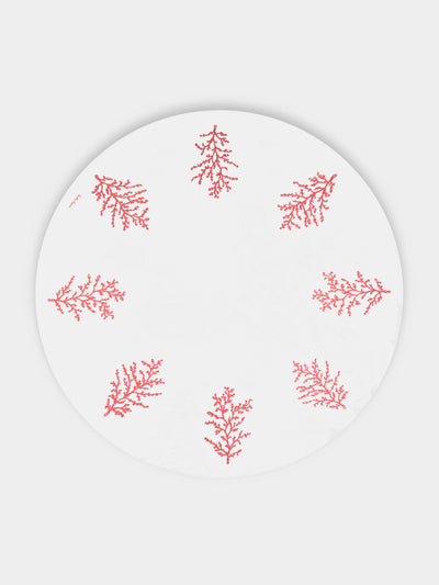 Loretta Caponi - Coral Hand-Embroidered Linen Round Tablecloth (118in/3m) - White - ABASK - 