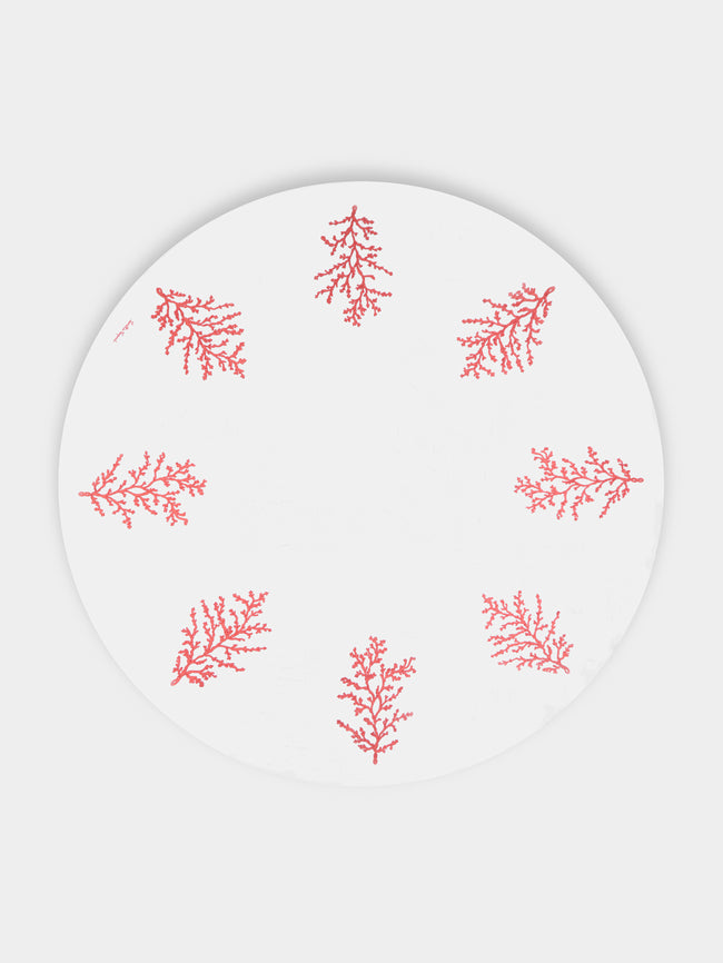 Loretta Caponi - Coral Hand-Embroidered Linen Round Tablecloth (118in/3m) - White - ABASK - 