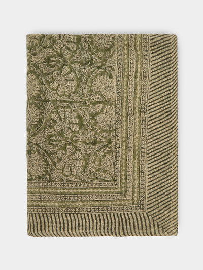 Chamois - Paradise Block-Printed Linen Rectangular Tablecloth (90.5in/2.3m) - Green - ABASK - 