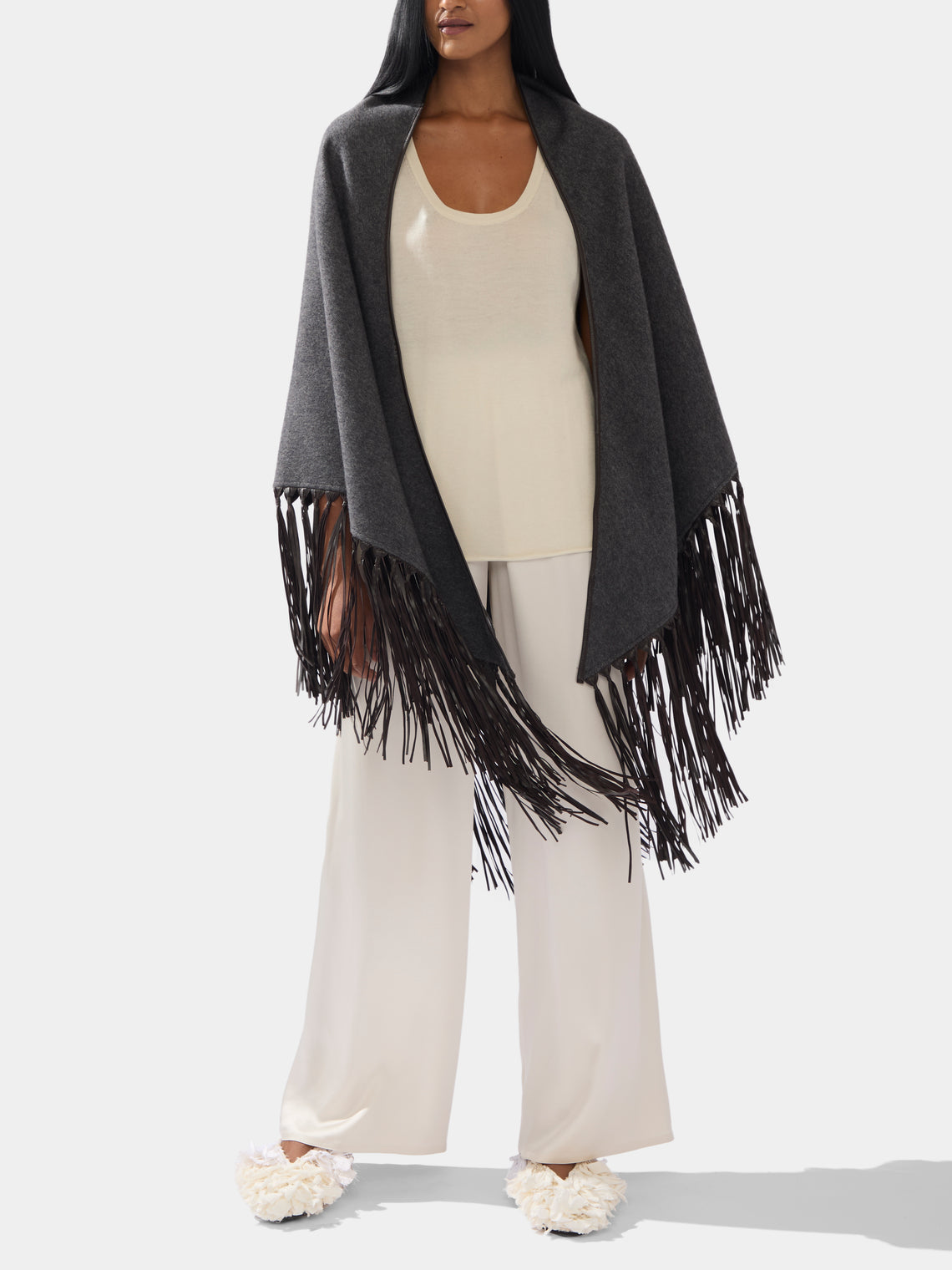 Women's Double-Faced Cashmere Long Shawl with Leather Fringing | One Size
