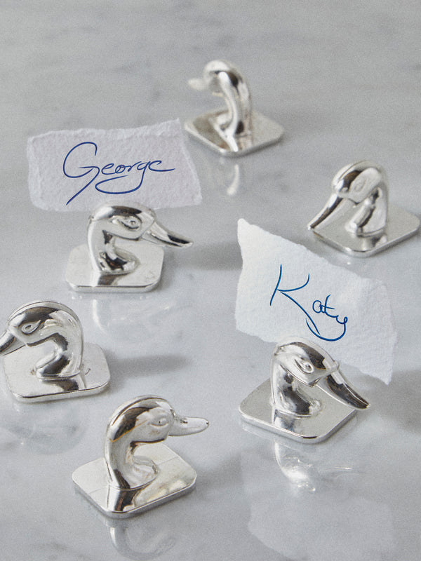 Antique and Vintage - Mid Century Silver Plated Duck Placecard Holders (Set of 6) - Silver - ABASK