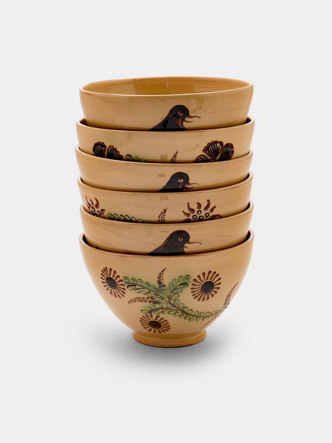 Poterie d’Évires - Flowers and Birds Hand-Painted Ceramic Bowls (Set of 6) - Cream - ABASK - 