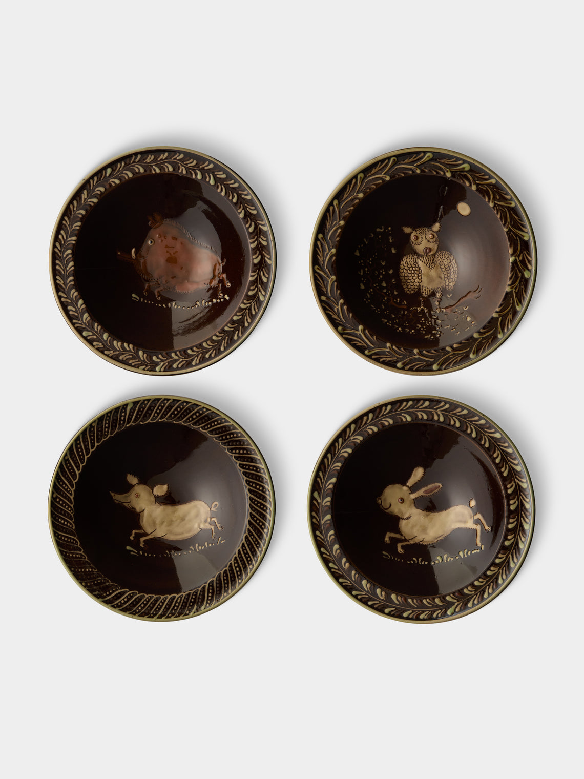Poterie d’Évires - Animals Hand-Painted Ceramic Breakfast Bowls (Set of 4) - Dark brown - ABASK - 